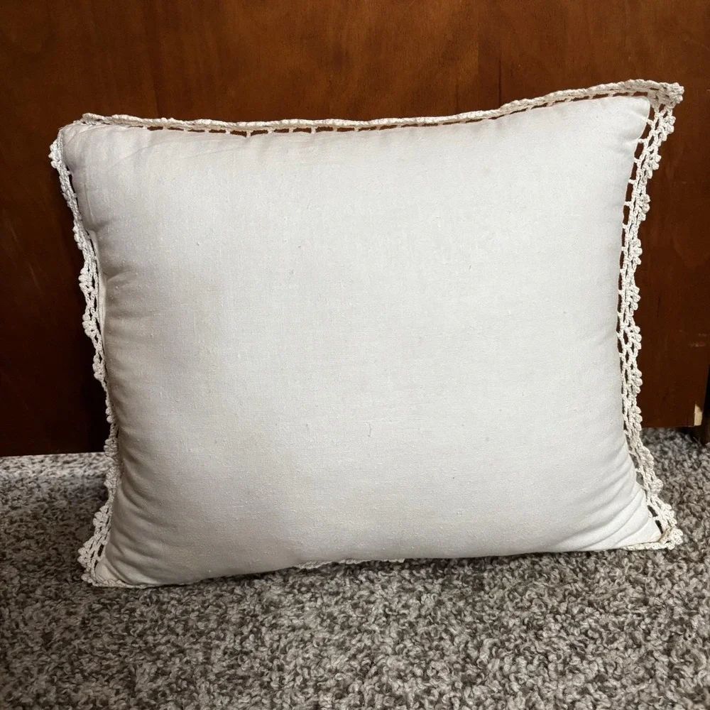 Vtg Ivory Embroidered Crochet Throw Pillow 15